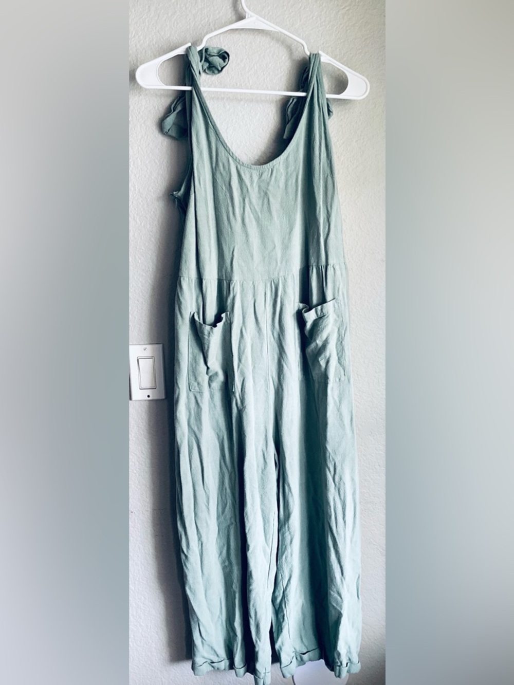 Tie-Shoulder Sage Green Wide-Leg Jumpsuit with Pockets